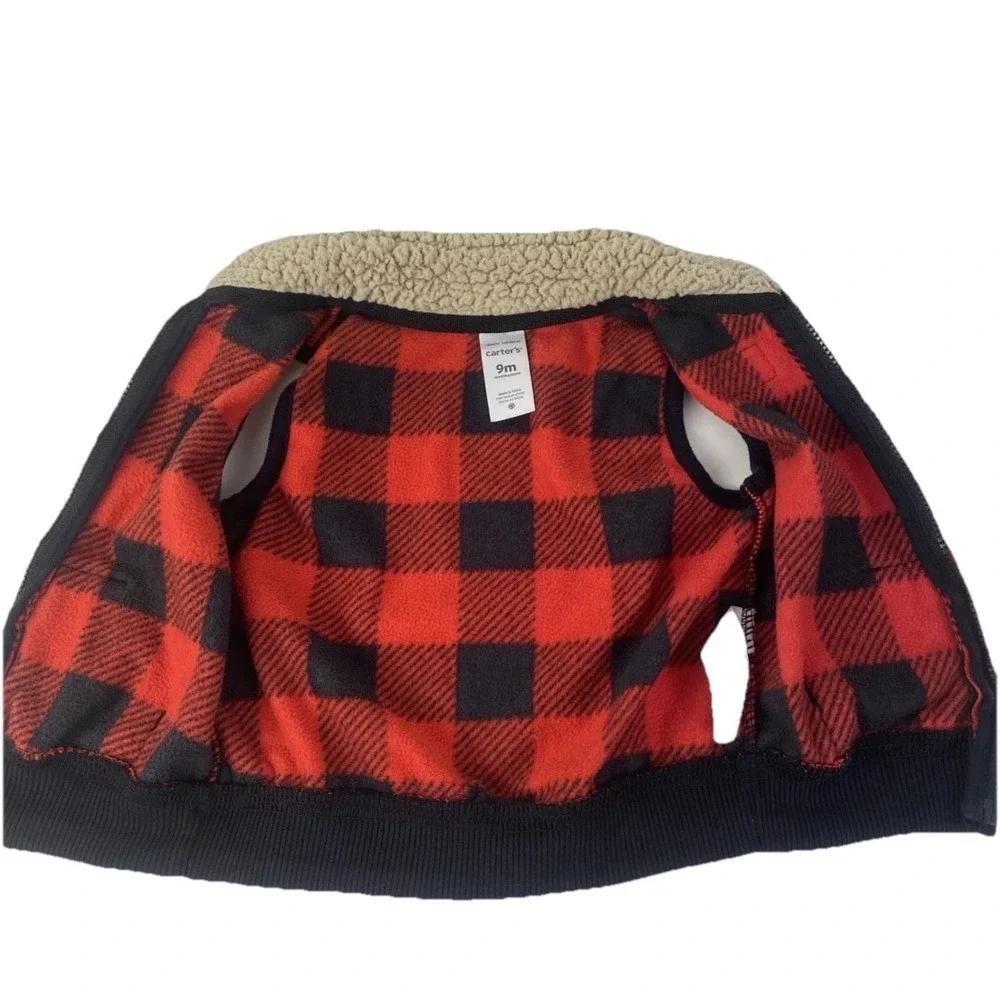 Carter's Fleece Vest 9m Red Buffalo Plaid Reindeer Racing‎ Crew Kids